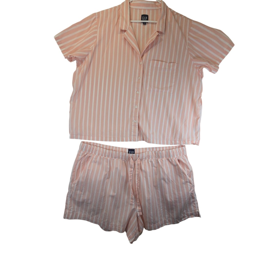 Gap 2 Piece Cotton Shorts Set Button Top Stripe Travel Coastal Resort Womens XL